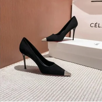 2023 Primăvara și Toamna Noi Tocuri Negru, de Mare sex Feminin Bine cu 10cm Sexy Fată franceză Single Mică Pantofi Negri cu Tocuri înalte, Doamnelor Pantofi