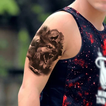 Autocolant tatuaj Lup Pădure Luna Copaci Element Înapoi Brațul Petrecere rezistent la apa Temporar Fals Tatuaj Flash Machiaj Body Art pentru Femei Barbati