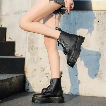 De Înaltă Calitate, Cizme Cu Platforma Femei Pantofi Negru Din Piele Glezna Cizme Punk Pantofi Fund Gros Cizme Motocicleta