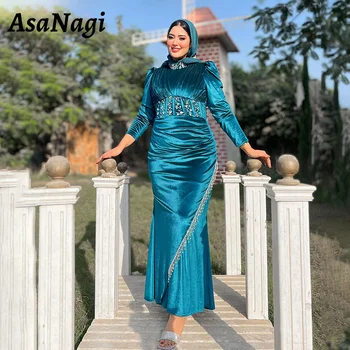 AsaNagi Mermaid Rochie de Seara pentru Femei de Cristal de Înaltă Gâtului Cutat Musulman Petrecere de Bal Rochii de Catifea Plus Dimensiune Specială Rochie de Ocazie