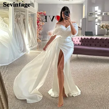 Sevintage Elegant O-Linie Satin Rochii de Mireasa Pentru Femei De pe Umăr Etaj Lungime Încreți Ruched vestidos novias boda 2024