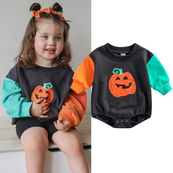 Fete Pentru Copii De Halloween Haine Cu Maneca Lunga Dovleac Contrast De Imprimare Color Romper Toamna Bodysuit Costum De Halloween
