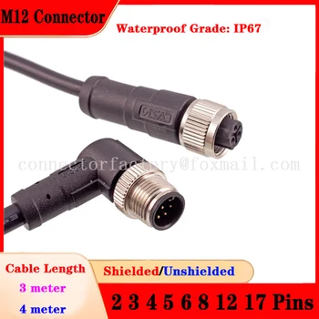 M12 2 3 4 5 6 8 12 17 Nuclee rezistent la apa IP67 Masculin Feminin Plug Cu 3m 4m Scut de Cablu cu Filet Conector Utilizat Pentru Semnalul Transmis
