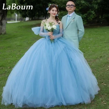 LaBoum coreean Doamna Grădină Rochii de mireasa de Pe Umăr Maneca Lunga Tul O-linie Formale Ocazie Petrecere de Seara Rochie de Nunta Photosho