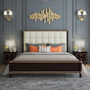 American lumină de lux din lemn masiv, pat moderne din piele italiană de pat Europene moale restul pat dublu de stocare de pat pat queen pat king-size