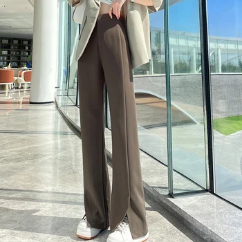 Fantă Costum Pantaloni Femei Vrac Piciorul Drept Larg Bază Solidă Talie Mare Cu Fermoar Streetwear Design Mai Subtire Pantaloni Flare