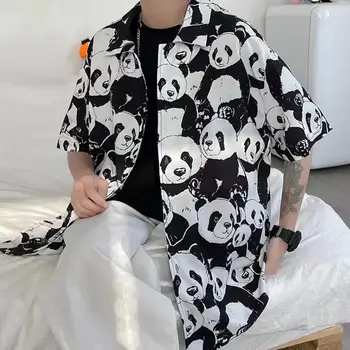 Animal Print Top de Vara Barbati Panda Imprimate Tricou Casual Vrac se Potrivi de Moda Streetwear Tricou cu Mâneci Scurte Single-breasted