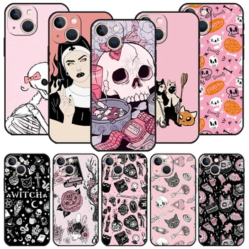 Pisica roz Craniu Vrăjitoare Vrăjitoare Neagră Telefon Caz pentru Apple iPhone 14 12 13 Mini 11 Pro Max XR 7 8 + SE 2020 XS 6 6s Plus 5 5s Sil
