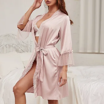 Flare Sleeve Camasa De Noapte Mini Sexy Kimono-Halat V-Neck Pijamale Femei Halat De Baie Casual Satin Acasă Halat Lenjerie Intima