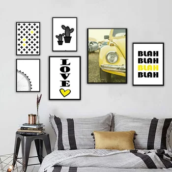 Panza Pictura Stil Nordic Galben Arta de Perete Beetle Auto Poster și Imprimă Imaginile pentru Camera Copiilor Decor Acasă