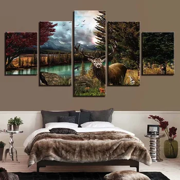 HD Printuri Modular Panza Poze 5 Piese, Animale, Cerb Și Păsări, Peisaj Poster de Arta de Perete Tablou Rama Decor Modern Living