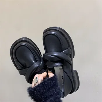 Pantofi Femei 2024 Casual Femei Adidași Oxfords Saboti Platforma Stil Britanic Rotund Toe Toamnă Negru Balerini Mocasini Cu Blană Se