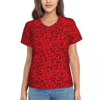 Femei T-Shirt De Vară Rosii Note Muzicale Tricou Vintage Print Elegant T-Shirt Short Sleeve V Neck Moda Grafic Supradimensionat Haine
