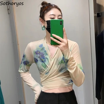 Cultură tricouri Femei Retro Tie Dye Sexy V-neck Elegant Stil Chinezesc Nou Design Slim All-meci Moda Vara Doamnelor Confortabil Topuri