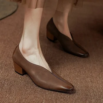 Stil francez Pantofi Simpli Femeie Pompe de Epocă Pe Med Toc 4.5 CM piele de Vacă de zi cu Zi Pompe Slip Pe Rotund Toe Munca Femei Rochie Pompe
