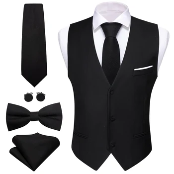 Designer Vestă de Bărbați Negru Solid Silk Satin Waistocat Papion, Cravată, Batistă Set fără Mâneci Sacou Masculin Costum de Nunta Formale Barry Wang